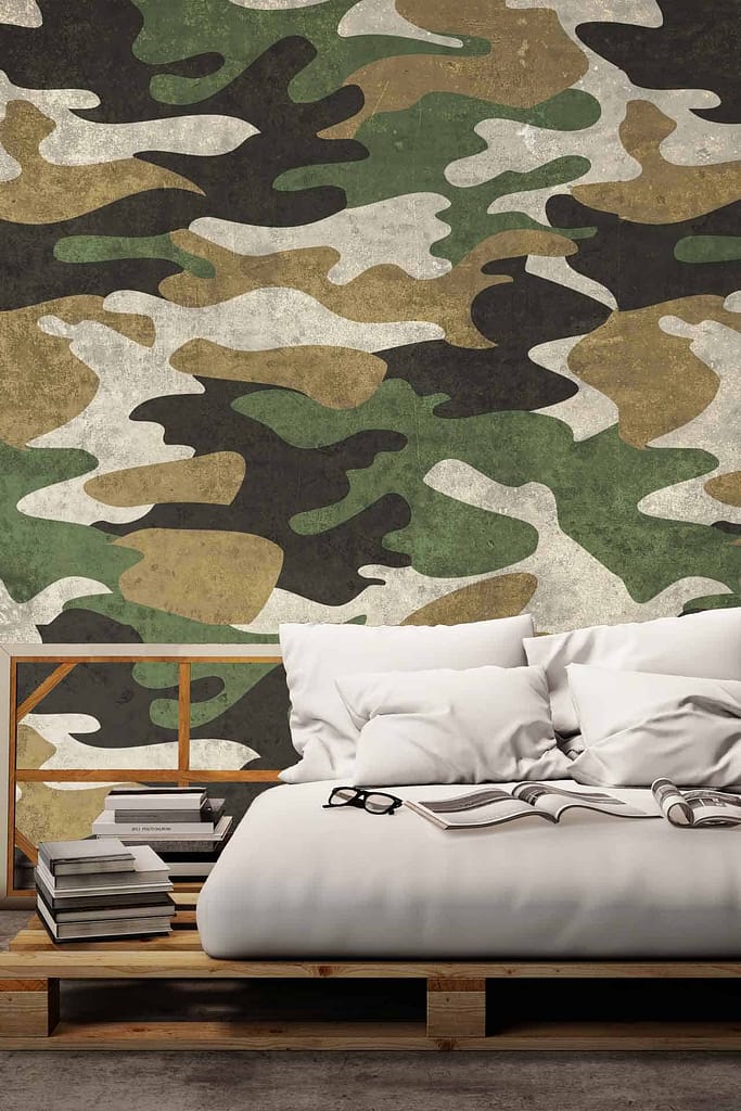 The wallpaper features a large, bold camouflage pattern with elements in green, brown, black, and beige—reminiscent of Private Benjamin's gear.