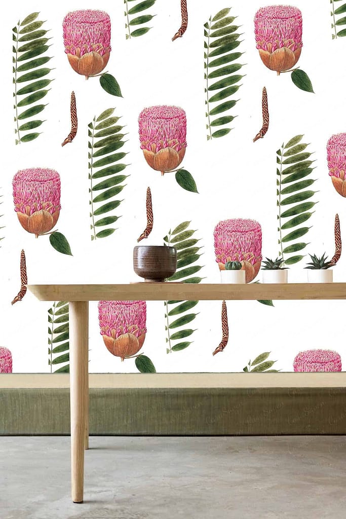 Botanical wallpaper with pink flowers, green fern leaves, small brown and white striped Protea pods. Clean white background.