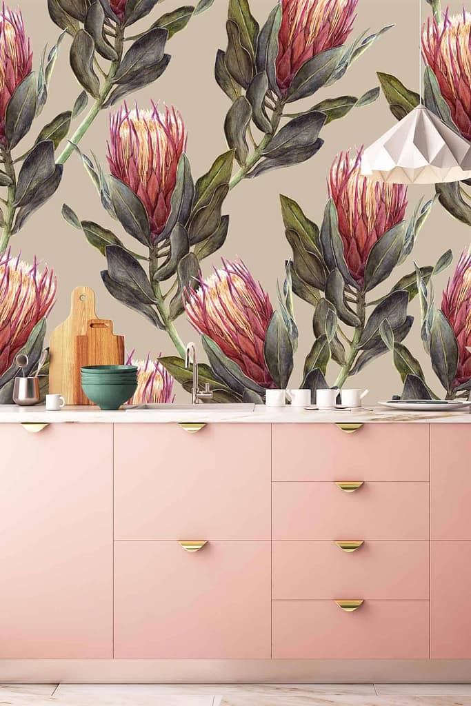 Bold floral wallpaper, large protea flowers, Queen of the Cape, green leaves.