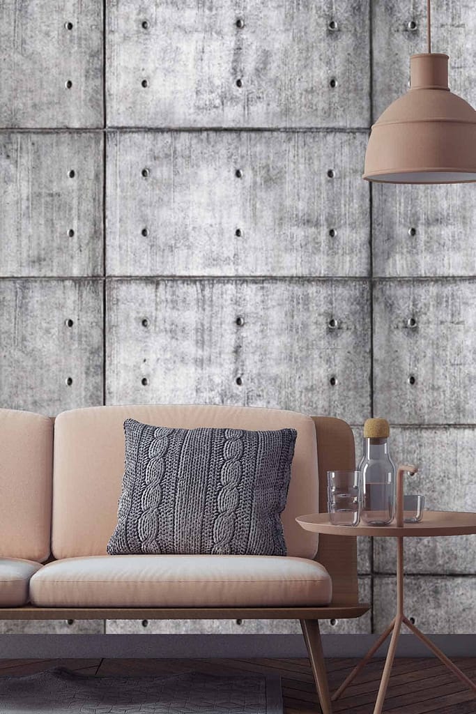 Raw concrete wallpaper with visible panels and bolts.