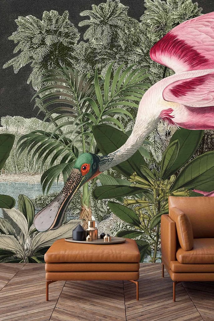 The wallpaper features a lush, tropical scene with tall palm trees and dense foliage. A large Roseate Spoonbill with a long neck and green head stands prominently. The design is rich in greens and pinks.