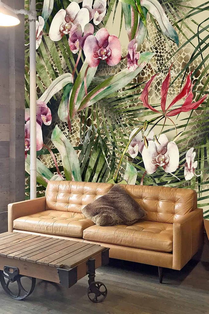Vibrant floral wallpaper with green leaves and pink orchids; tropical safari ambiance.