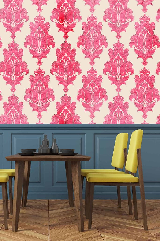 The wallpaper is vibrant pink damask.