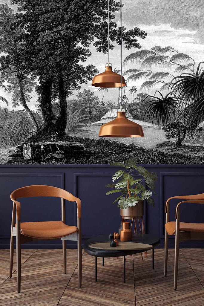 A stylish interior features a black and white mural of a tropical landscape, perfect for Saturday relaxation. Elements: black and white, tropical, landscape.