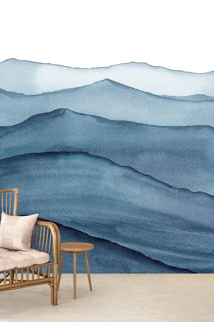 The wallpaper showcases a serene mural of layered blue waves, with shades ranging from deep navy to light azure and soft teal, creating a tranquil and artistic atmosphere reminiscent of an endless search for calm.