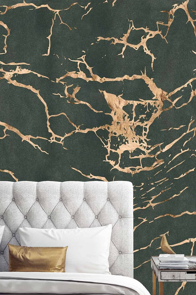 Dark green, gold, abstract marbled design, resembling shattered glass.