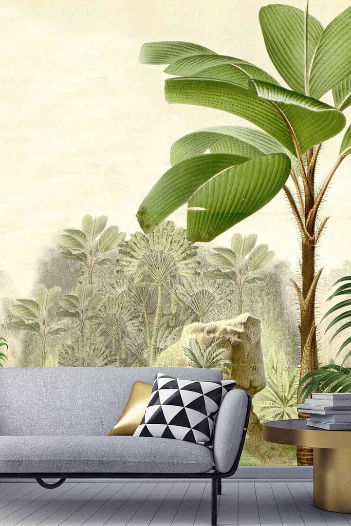 Tropical mural wallpaper; Large green leaves; Palm trees; Colors: Green, shades of green, white.