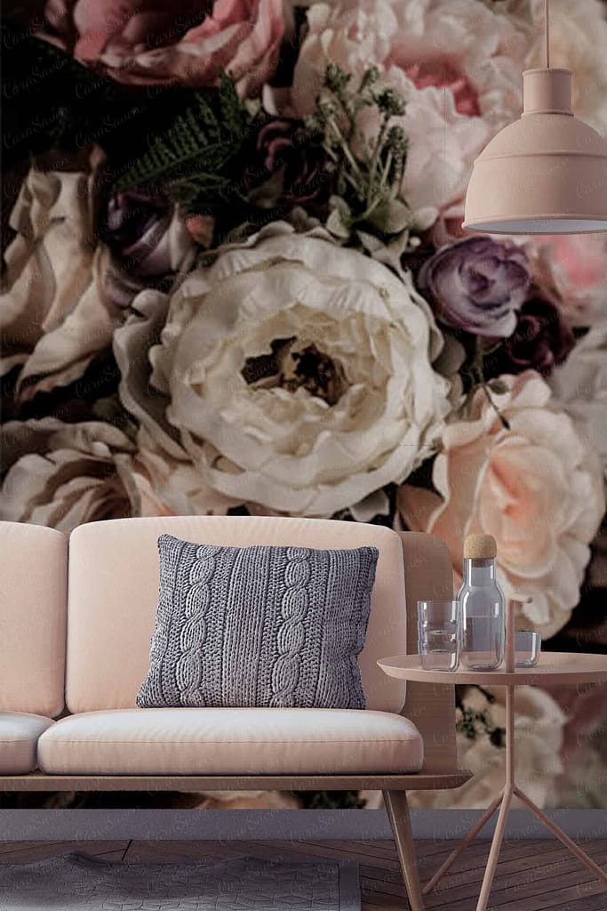 The wallpaper, "Soft Whispers," features a detailed floral mural showcasing roses in soft pink, white, and peach hues.