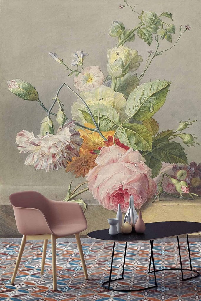 A large detailed floral wall mural with pink and white flowers, lush green leaves.