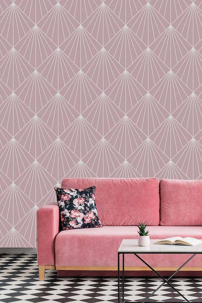 The living room features a **geometric-patterned wallpaper** designed with various shades of **pink**, offering a modern and chic backdrop.