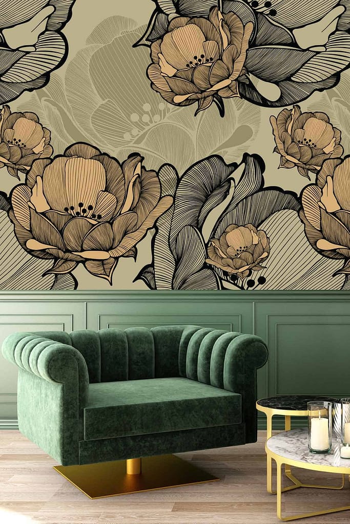 A wall adorned with a large floral pattern in neutral tones. Features elements such as flowers and possibly leaves, primarily in shades of beige, cream, taupe, or gray.