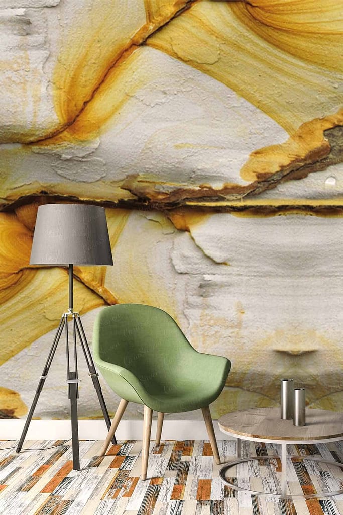 Wallpaper features large, striking patterns with a color palette dominated by vibrant yellows and warm oranges. The marble-patterned stonework design provides a dynamic and bold visual impact, characterized by swirling and flowing lines that create an energetic ambiance in the room.
