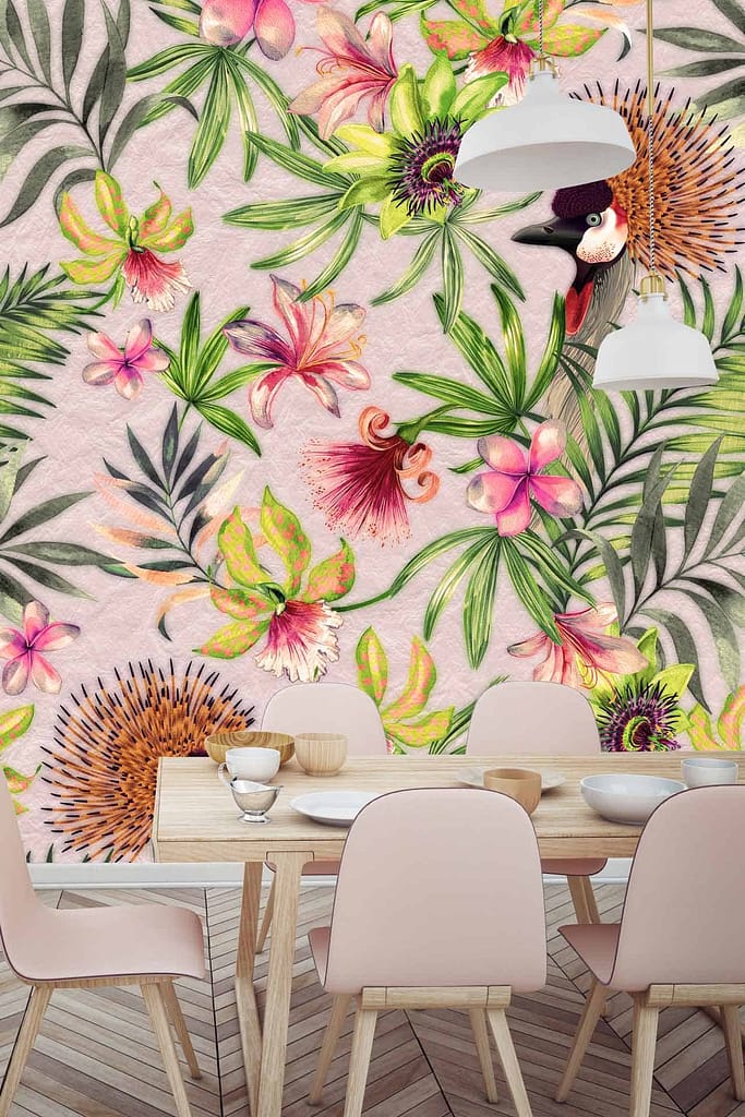 Vibrant tropical wallpaper featuring colorful flowers, lush green leaves, and a strutting toucan.