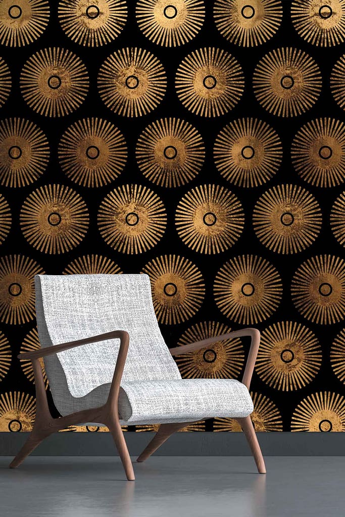 A striking black wallpaper adorned with radiant gold circular patterns creates an intricate, luxurious, and elegant backdrop. The interplay of the bold black base color with the shimmering gold designs sets a visually stunning and sophisticated stage.