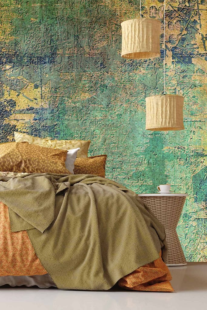 Textured wallpaper; green and yellow artistic design.