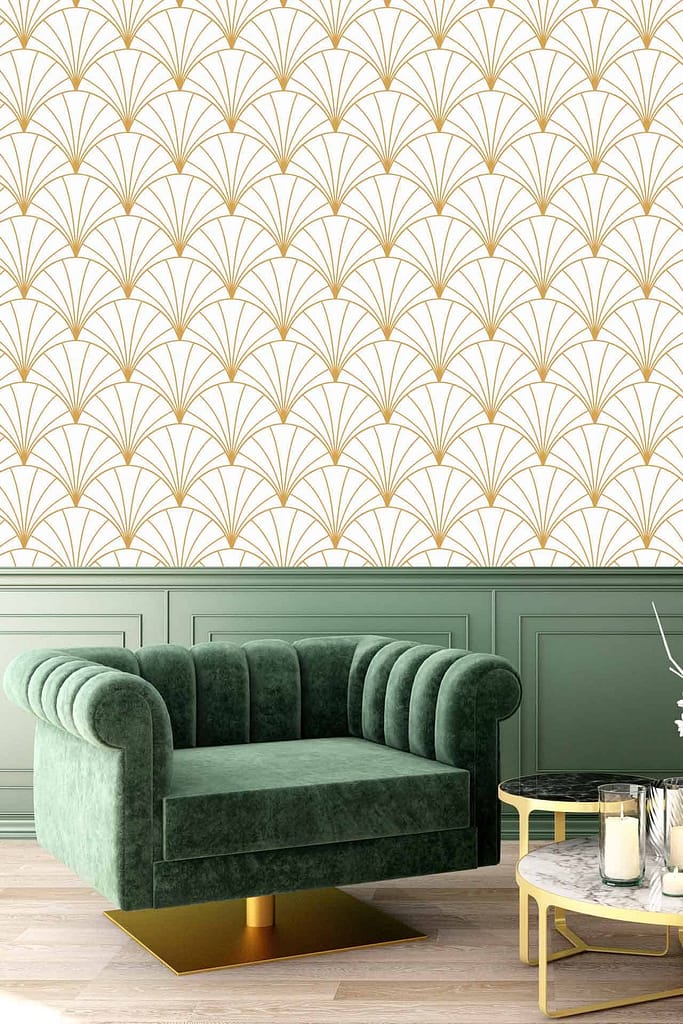 Elegant white wallpaper with gold geometric fan pattern.