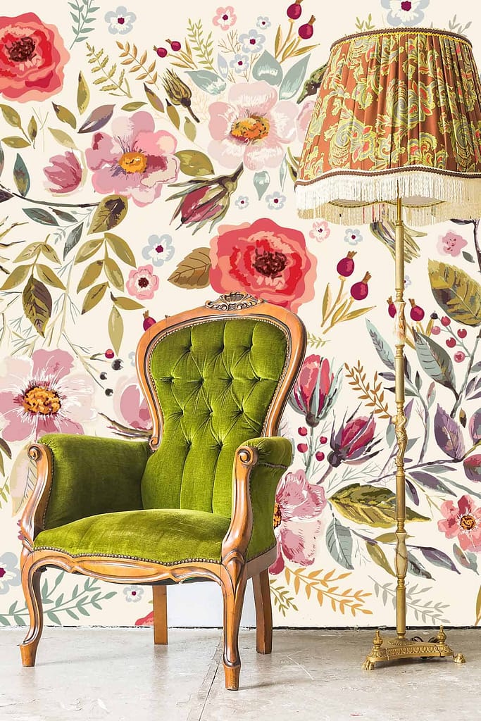 The decorative floral wallpaper features intricate patterns with lush green leaves, vivid blossoms in shades of pink and yellow, and delicate vines woven throughout, creating a captivating backdrop.