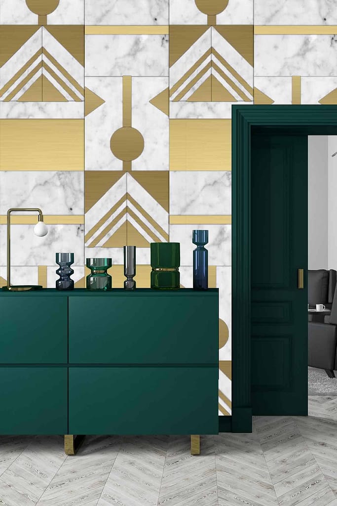 Geometric patterned wall; white marble; gold accents