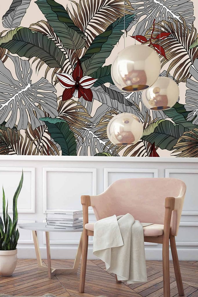 Tropical-themed wallpaper, large green leaves, brown leaves, gray leaves, burgundy flowers.