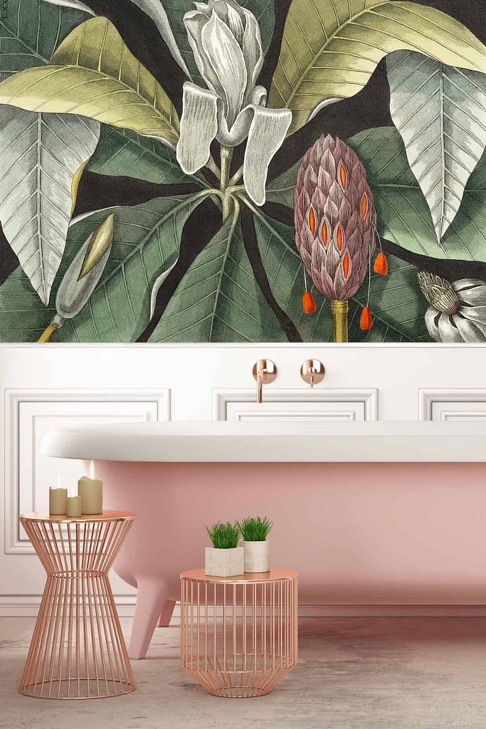 The wallpaper is detailed with large leaves and flowers, featuring lush greenery reminiscent of a farm's botanical landscape. The colors include various shades of green for the leaves and pops of floral hues like pinks, yellows, and whites.