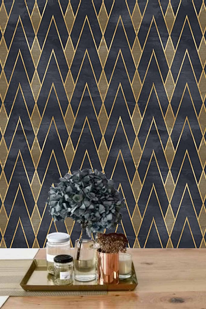 Dark geometric-patterned wallpaper with interlocking hexagons and sharp lines. The palette includes deep navy, charcoal gray, and subtle hints of silver.