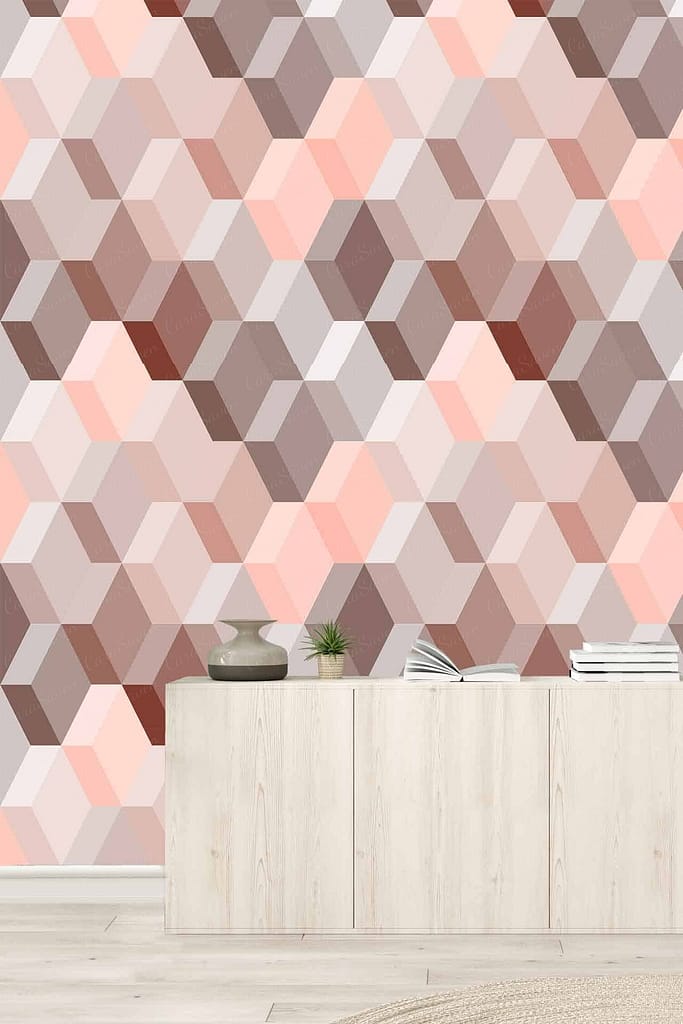 Geometric wall pattern, interlocking cubes, shades of pink, brown, beige.