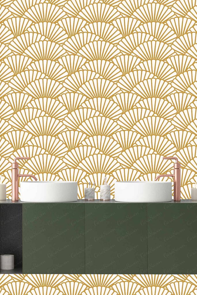 The wallpaper, designed by Trish, showcases a repeating fan pattern in elegant gold on a pristine white background. The combination of shining gold fans against the clean, white backdrop creates a sophisticated and modern aesthetic.