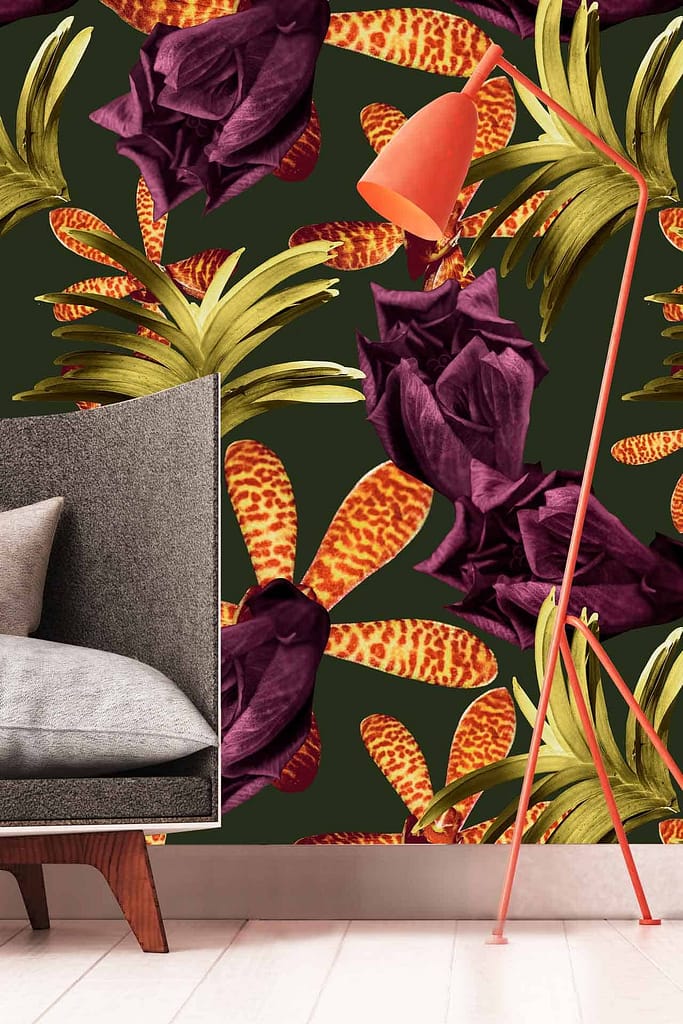 Green wallpaper, large maroon flowers, orange-spotted leaves, Trudy's eclectic style.