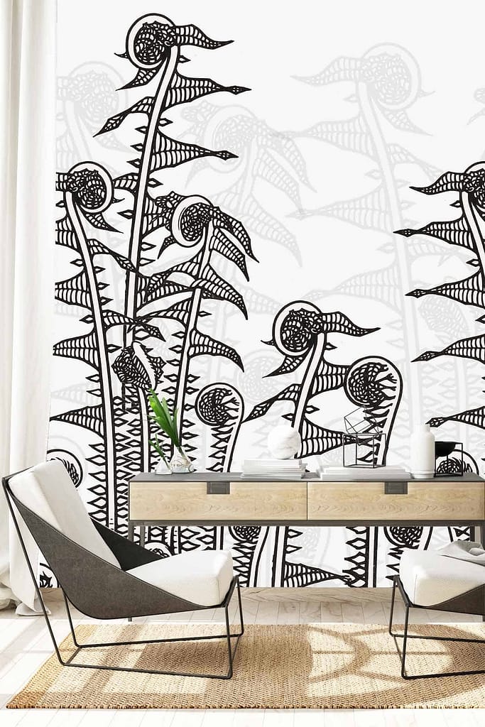 Artistic black and white botanical design, abstract plants unfolding, intricate details.