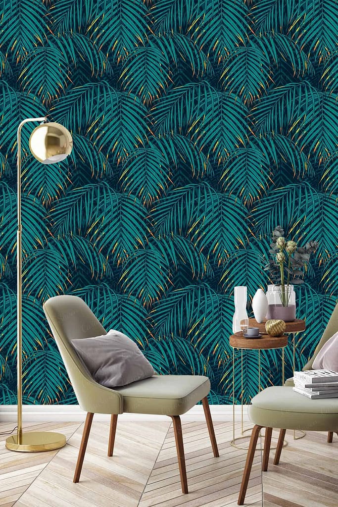 Bold tropical leaf wallpaper in shades of teal and blue, evoking Victoria's Secret elegance. Vibrant teal, rich blue hues, leafy patterns.
