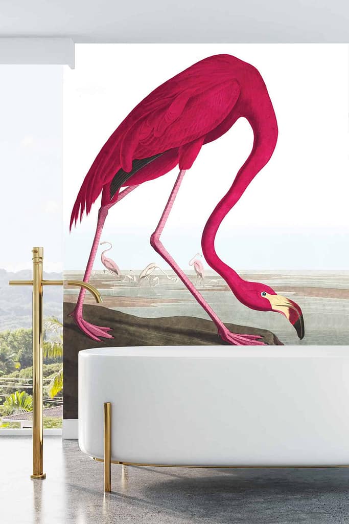 The wallpaper features a vibrant, artistic mural of a large pink flamingo surrounded by smaller flamingos in the background. Colors include various shades of pink for the flamingos, set against lush, tropical greenery.