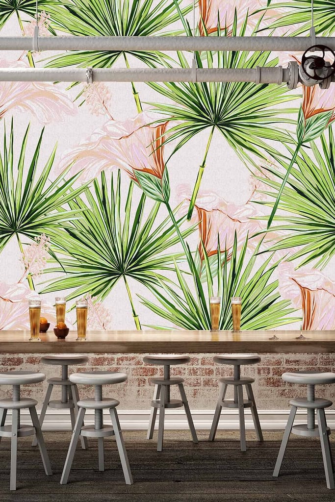 The modern café's wallpaper features a tropical design with lush green leaves and vibrant, colorful flowers in hues of pink, orange, and yellow.