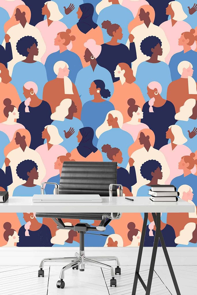 Colorful mural with diverse profiles of women, various hairstyles, head coverings, "Who Runs the World?", bright colors, contemporary design.