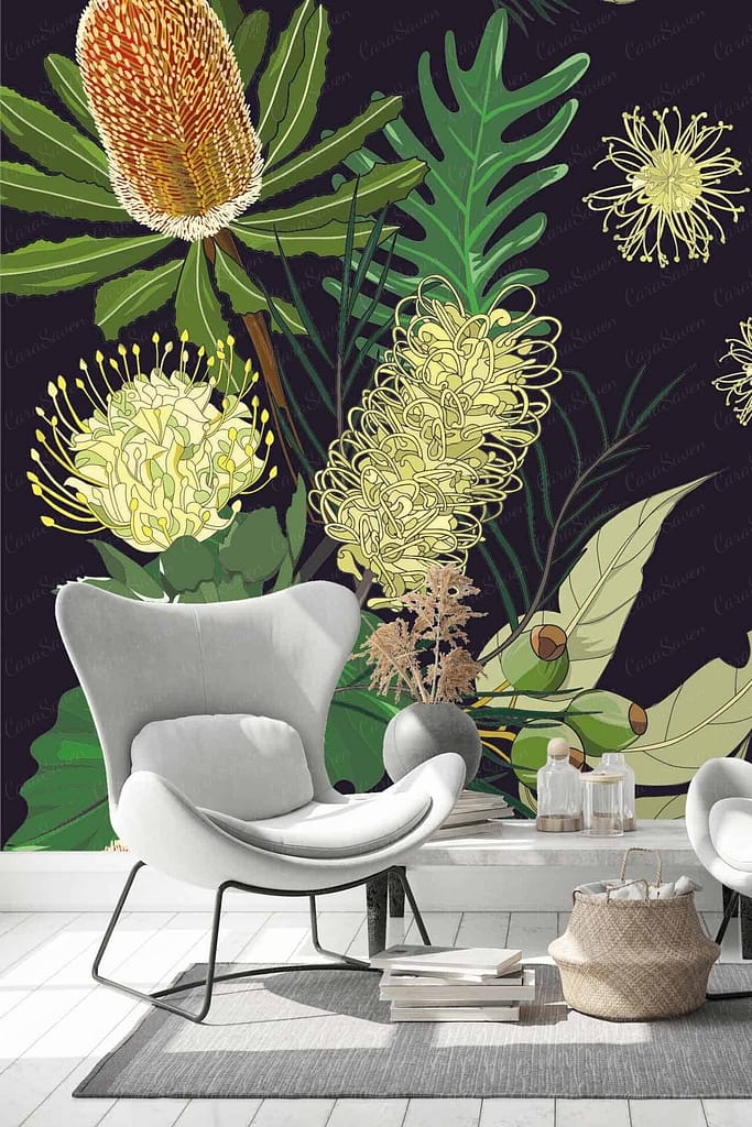 Vibrant botanical mural, detailed illustrations, various plants, flowers, golden wattle, shades of green, yellow, gold.