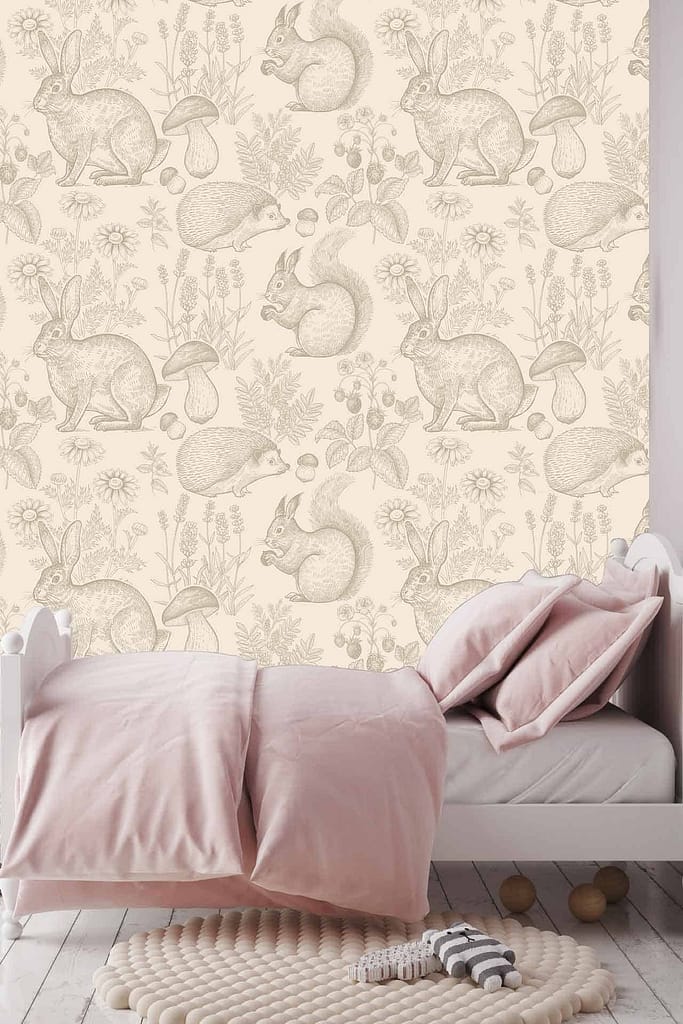Cream-colored wallpaper with intricate illustrations of woodland friends: rabbits, squirrels, mushrooms, hedgehogs, and various plants. The design is detailed and charming.