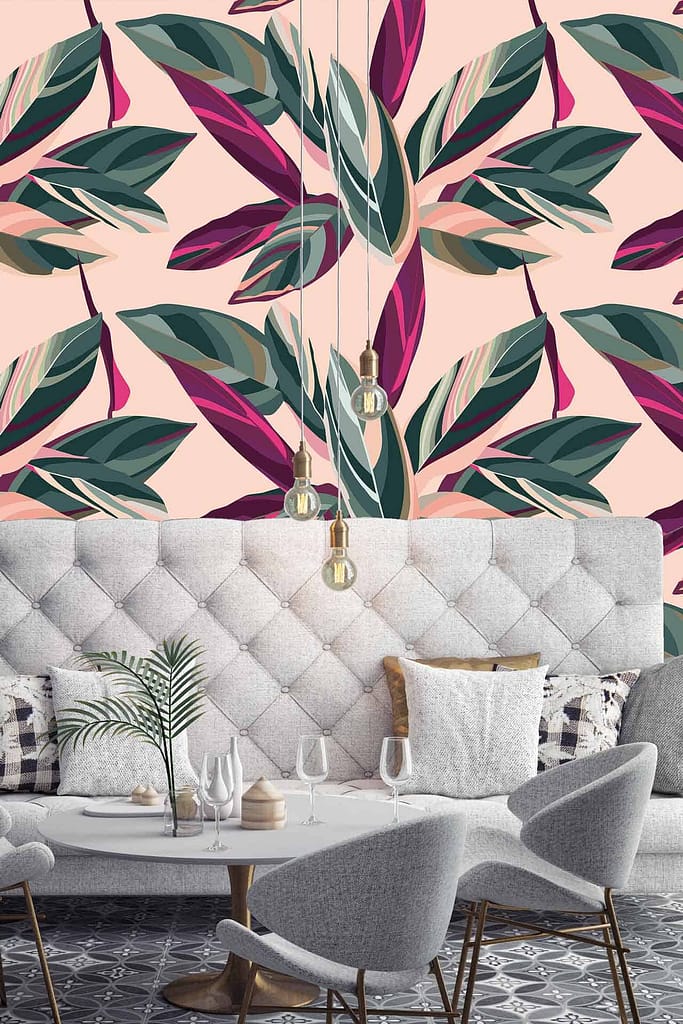 Vibrant floral wallpaper featuring large green, pink, and white leaves.