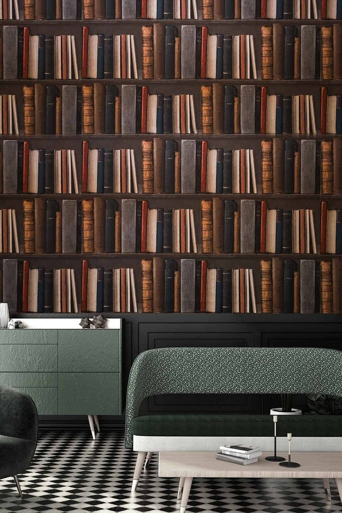 The wallpaper in the cozy reading nook features an intricate pattern of deep emerald green vines intertwined with golden floral motifs, set against a soft cream background.