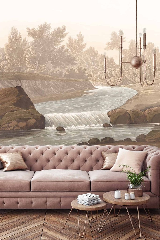 The wallpaper features a scenic mural of a river flowing through a rocky landscape, surrounded by lush trees. It incorporates calming shades of blue for the river, various greens for the foliage, earthy browns and grays for the rocks, and hints of sunlight filtering through the trees.