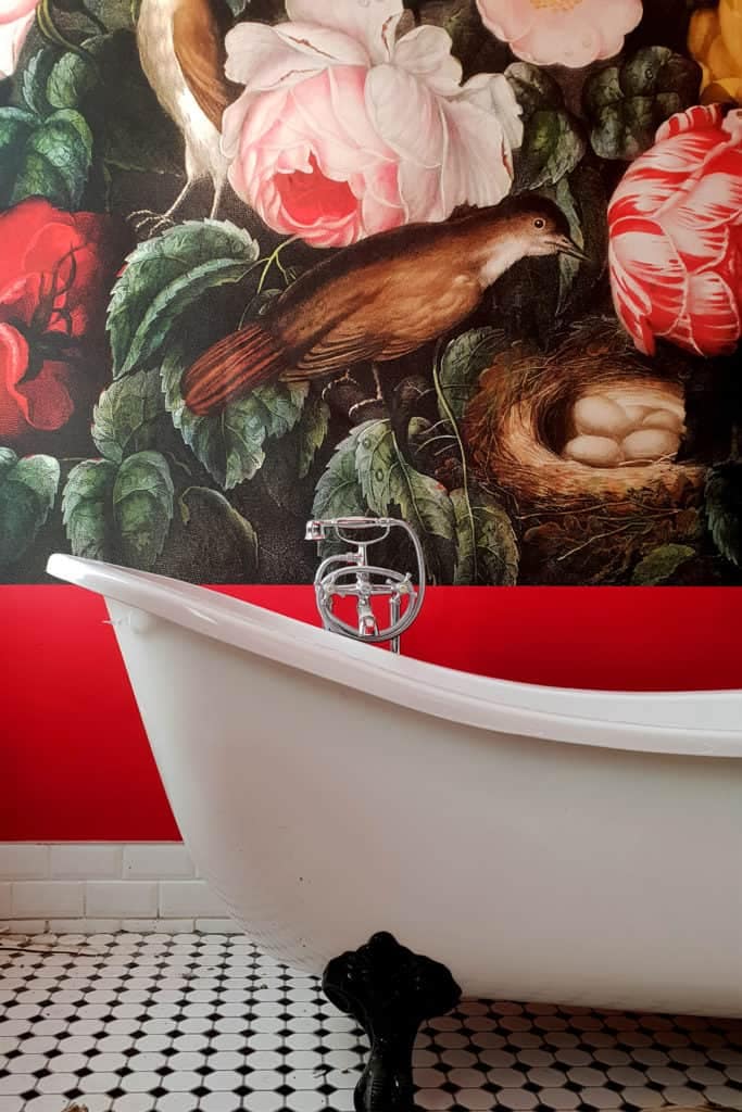 Vibrant red wallpaper adorned with a mural of large flowers, lush foliage, a bird, and a nest with eggs. These elements create an eclectic and bold visual impact for interior design.