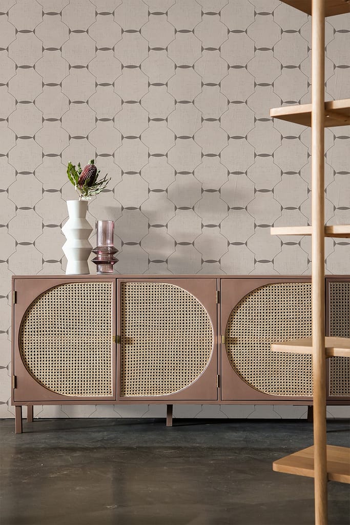 Hexagonal-patterned wallpaper featuring a mix of soft beiges, muted grays, and subtle whites.