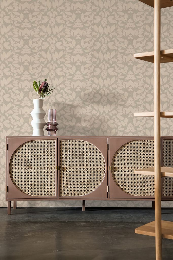 Beige floral wallpaper with intricate flower patterns.