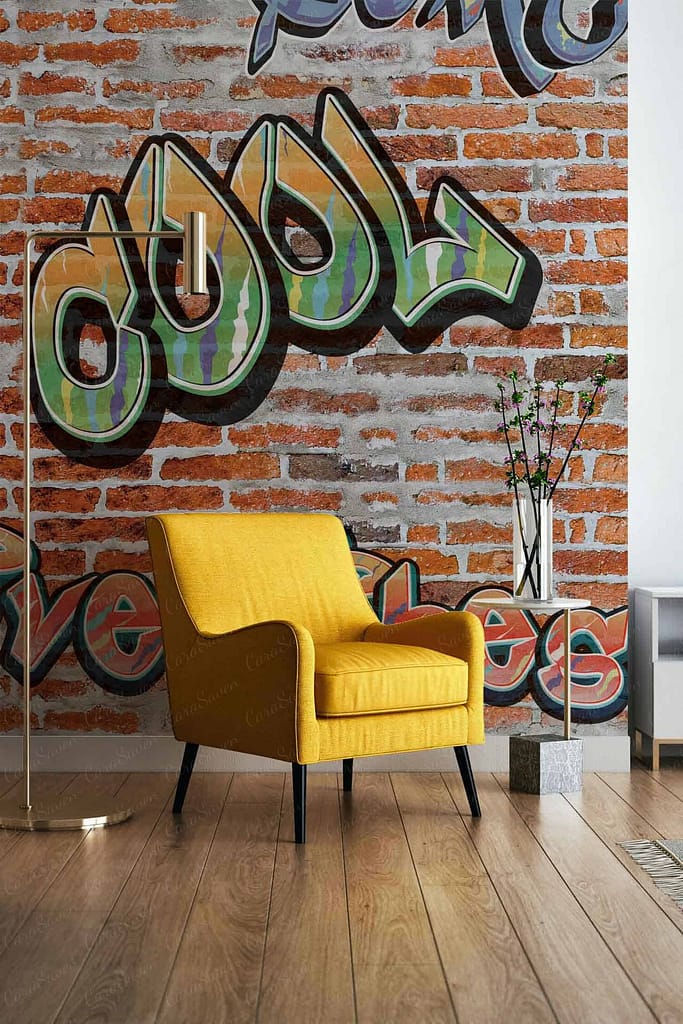 The wallpaper features vibrant graffiti art on a brick wall, showcasing bold colors such as reds, blues, yellows, and greens with dynamic patterns and street art elements including swallows. The backdrop provides an urban and eclectic feel.