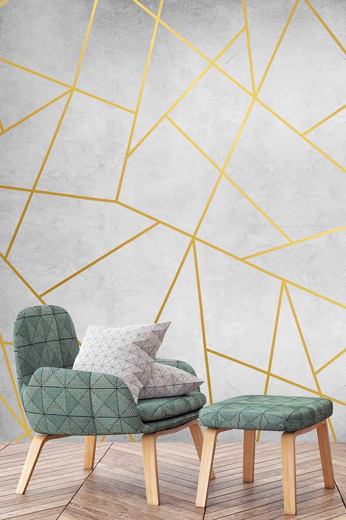 Modern Silverback wallpaper with gray and gold geometric design. Elements: sleek lines, angular patterns, metallic accents, contemporary style. Colors: gray, gold.