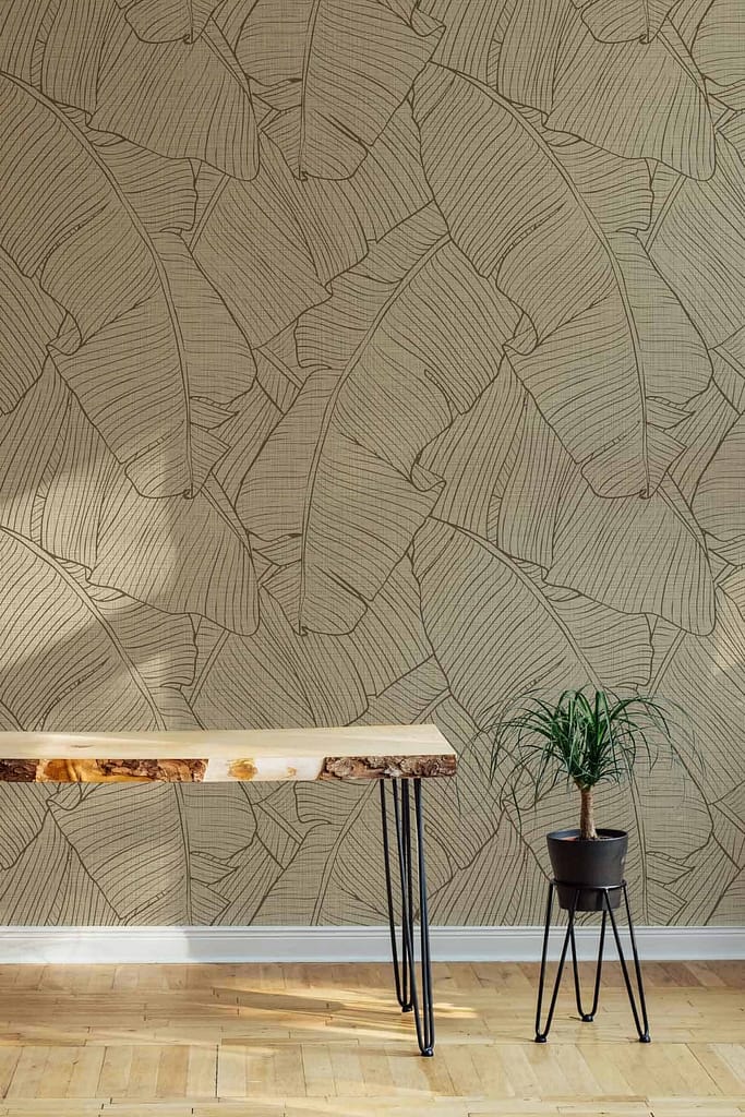 Large leaf pattern wallpaper, beige tones