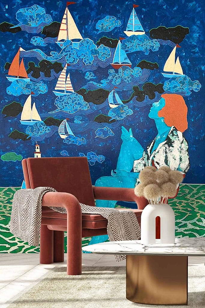Large mural, blue sea, sailing boats, blue figure with orange hair.