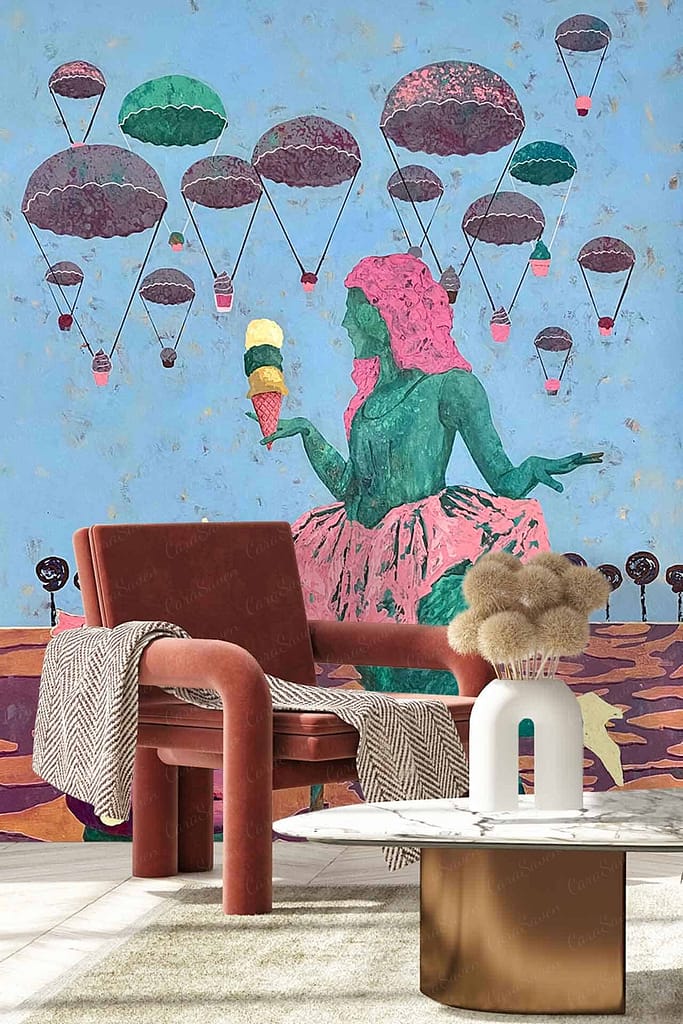 The wallpaper features a large mural of a green statue holding an ice cream cone, with numerous hot air balloons in the background. The elements include the green statue and vibrant hot air balloons, while the primary colors are green (statue), pastel hues for the ice cream, and a spectrum of colorful hot air balloons against a sky backdrop.
