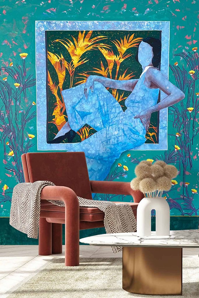 The wallpaper is patterned and green, featuring intricate designs. The patterns include subtle geometric shapes, accented with shades of emerald and lime highlights.