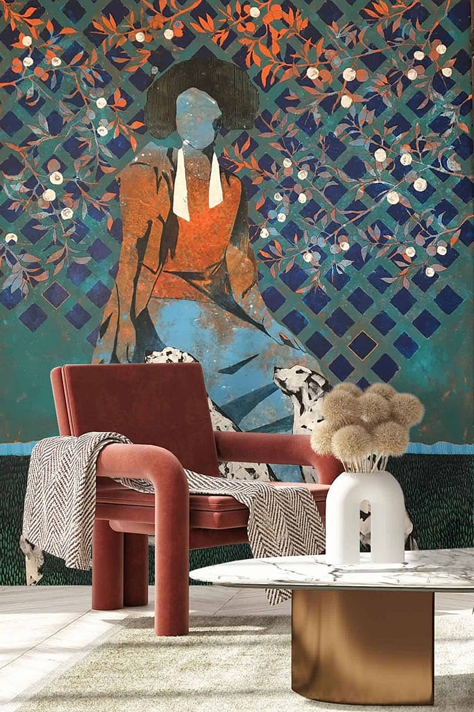 Vibrant mural with a stylized figure in front of a trellis, featuring blossoming flowers in shades of blue, red, and green.