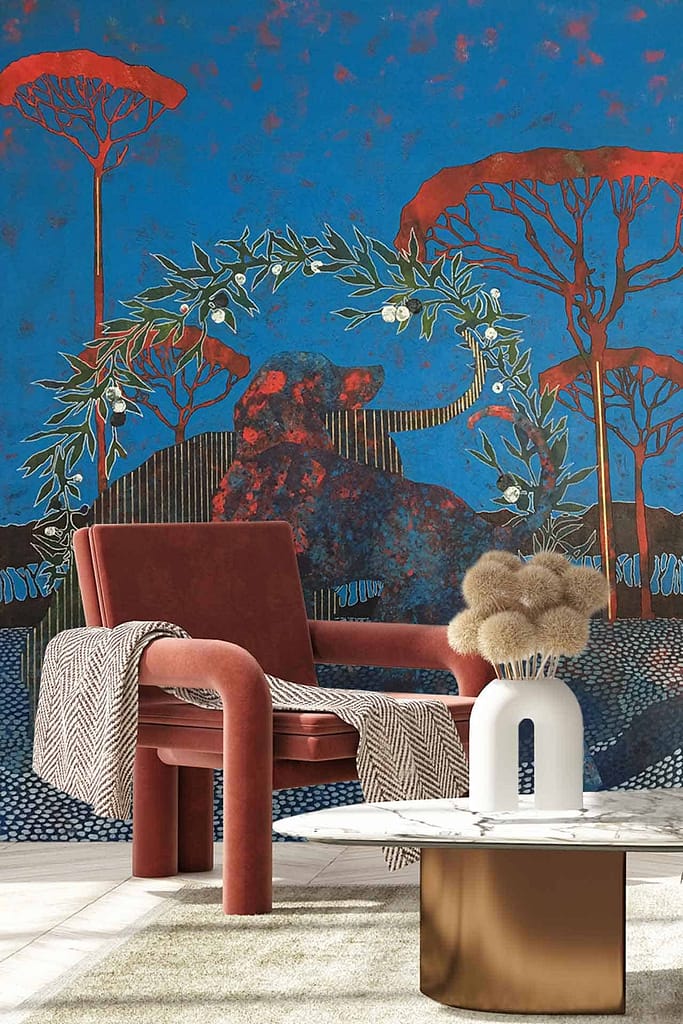 Vibrant mural: red ox, olive wreath, trees, blue sky.