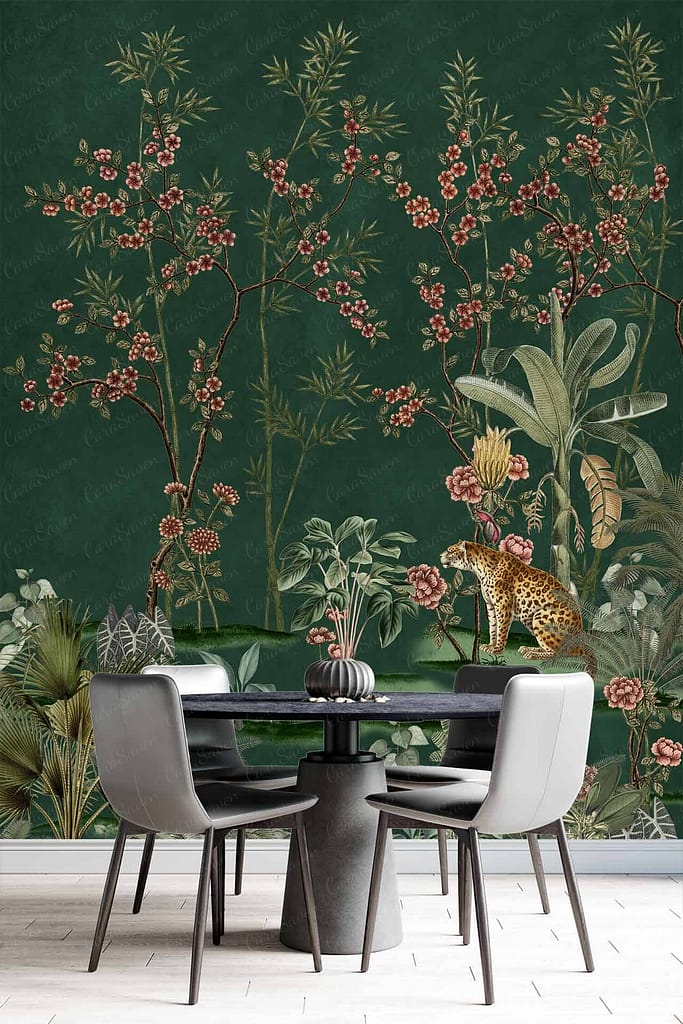 The wallpaper features an intricate mural of blooming cherry blossoms, lush green foliage, and a graceful leopard. Vibrant pinks, deep greens, subtle yellows, and earthy tones combine to create an exotic and lush ambiance.